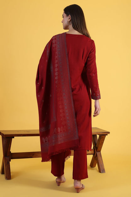 W for Woman Red Yarn Dyed Sequins A-Line Kurta & Straight pant with Dupatta Set