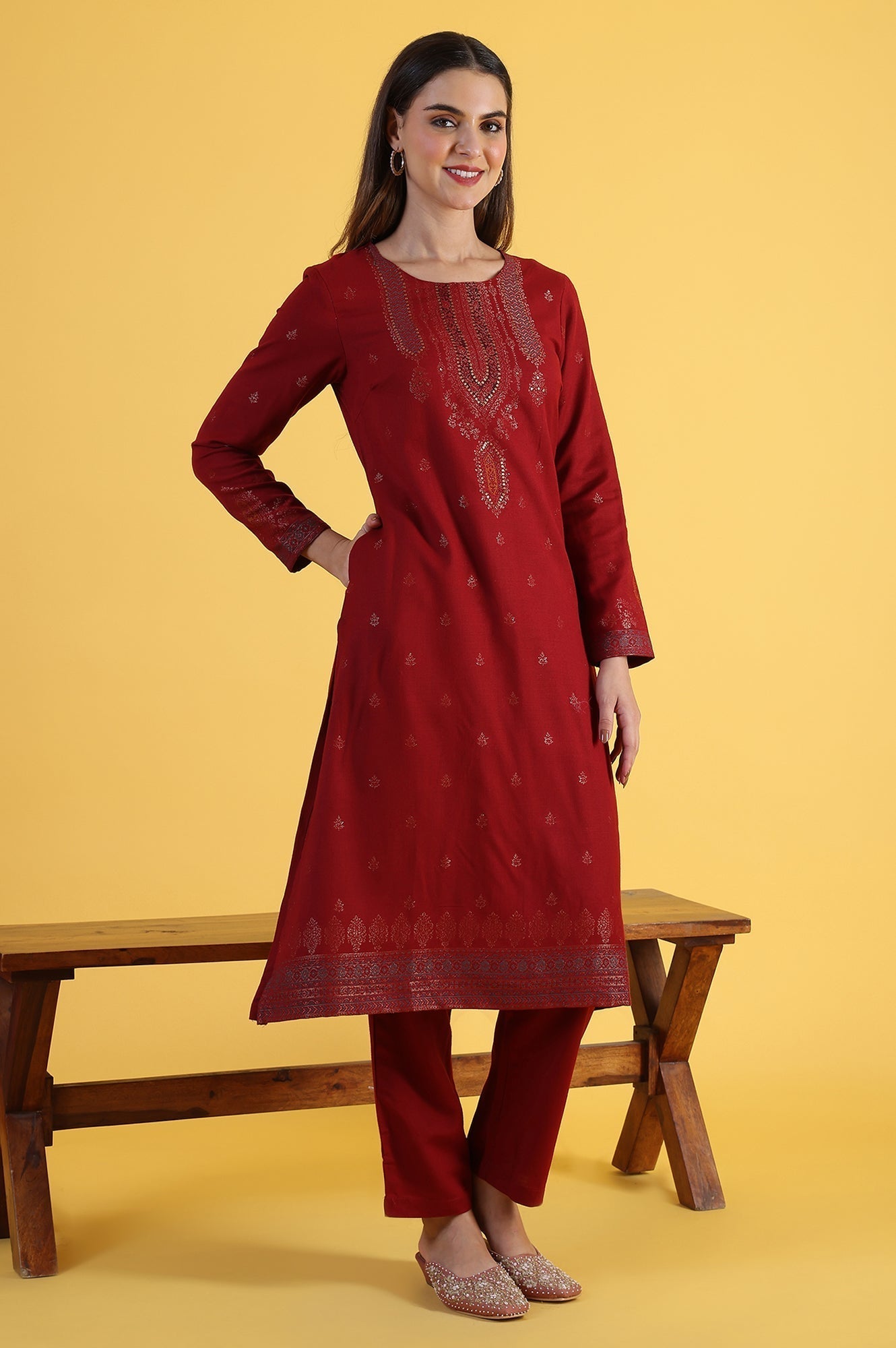 W for Woman Red Yarn Dyed Sequins A-Line Kurta & Straight pant with Dupatta Set