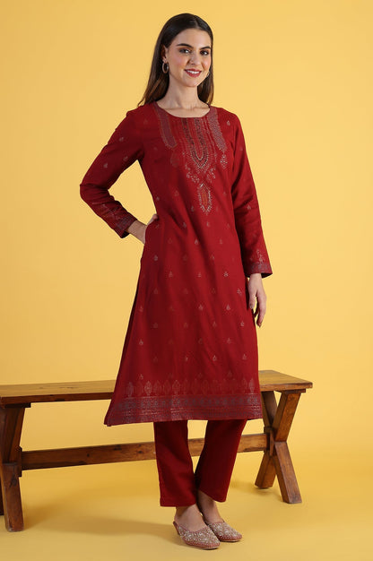 W for Woman Red Yarn Dyed Sequins A-Line Kurta & Straight pant with Dupatta Set