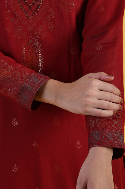 W for Woman Red Yarn Dyed Sequins A-Line Kurta & Straight pant with Dupatta Set