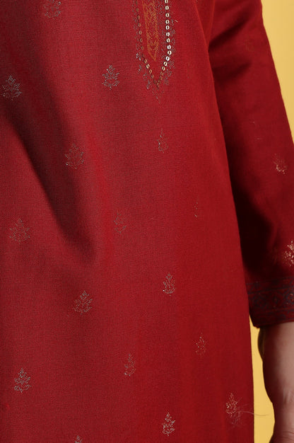 W for Woman Red Yarn Dyed Sequins A-Line Kurta & Straight pant with Dupatta Set