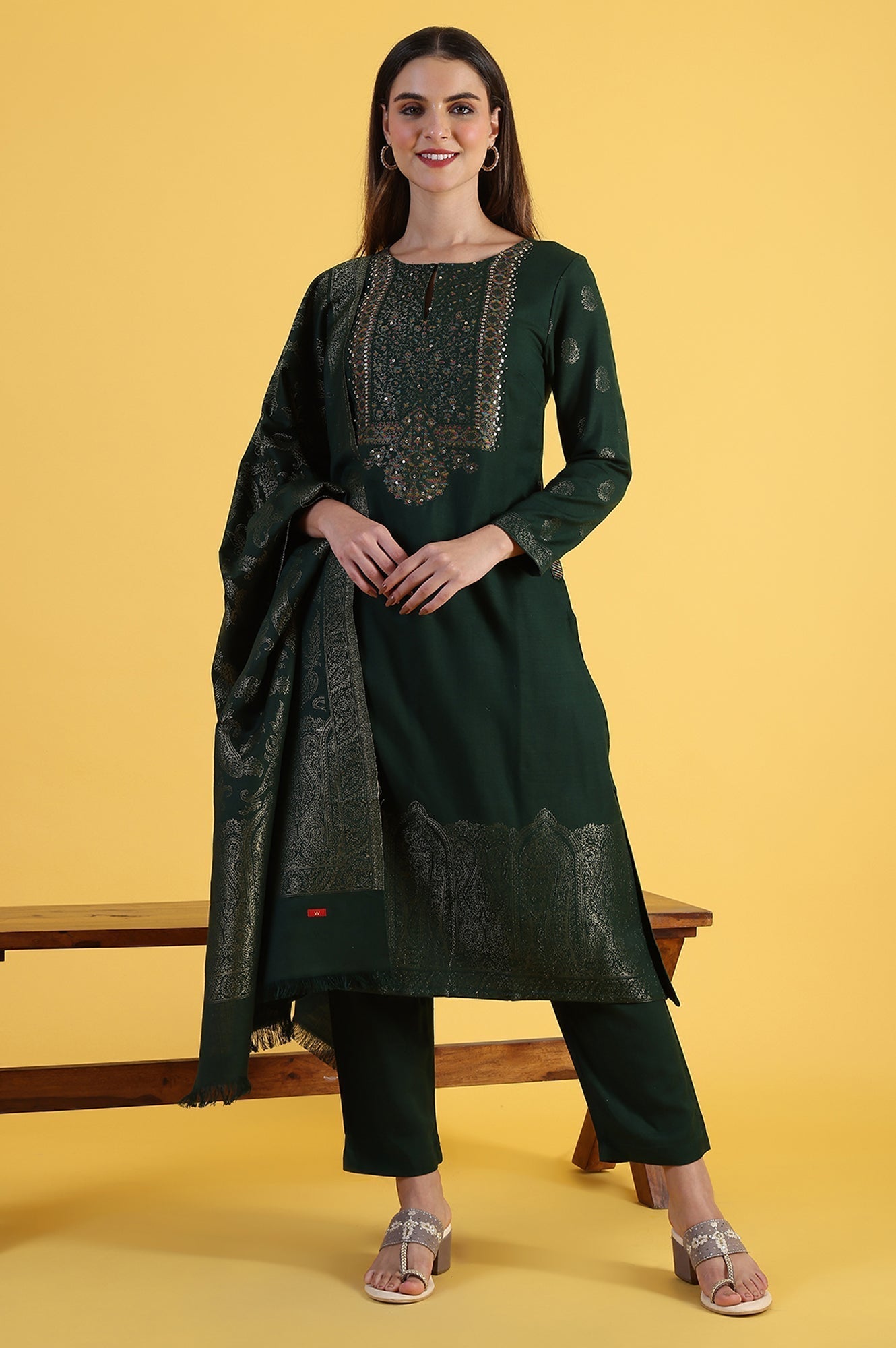 W for Woman Green Yarn Dyed Sequins A-Line Kurta & Straight pant with Dupatta Set