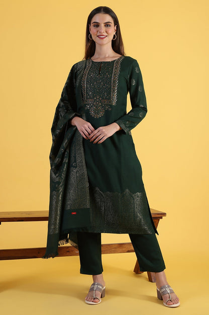 W for Woman Green Yarn Dyed Sequins A-Line Kurta & Straight pant with Dupatta Set