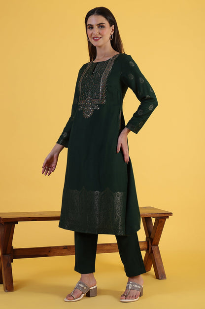 W for Woman Green Yarn Dyed Sequins A-Line Kurta & Straight pant with Dupatta Set