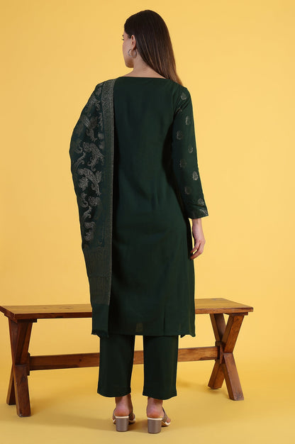 W for Woman Green Yarn Dyed Sequins A-Line Kurta & Straight pant with Dupatta Set