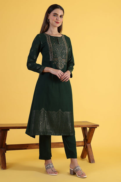 W for Woman Green Yarn Dyed Sequins A-Line Kurta & Straight pant with Dupatta Set