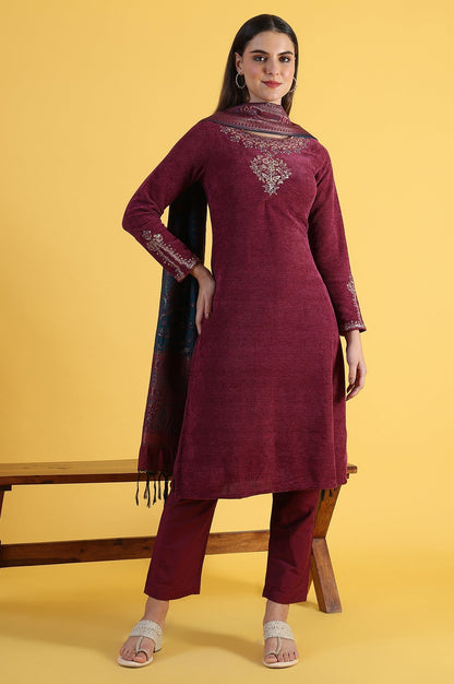 W for Woman Maroon Solid Metallic Embroidery Straight Kurta & Straight pant with Dupatta Set