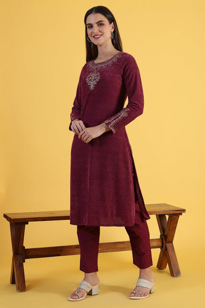 W for Woman Maroon Solid Metallic Embroidery Straight Kurta & Straight pant with Dupatta Set