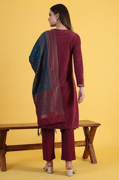 W for Woman Maroon Solid Metallic Embroidery Straight Kurta & Straight pant with Dupatta Set