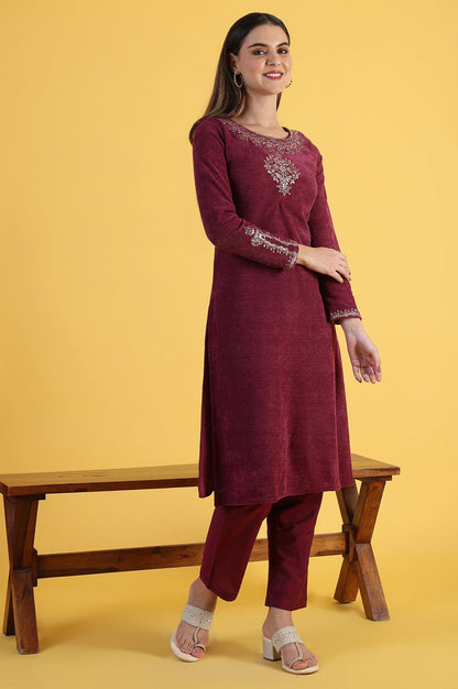 W for Woman Maroon Solid Metallic Embroidery Straight Kurta & Straight pant with Dupatta Set