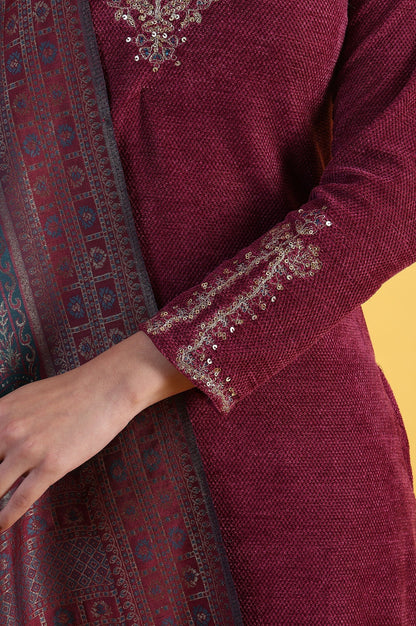 W for Woman Maroon Solid Metallic Embroidery Straight Kurta & Straight pant with Dupatta Set