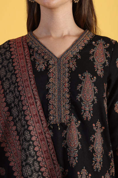W for Woman Black Yarn Dyed Sequins Straight Kurta & Straight pant with Dupatta Set