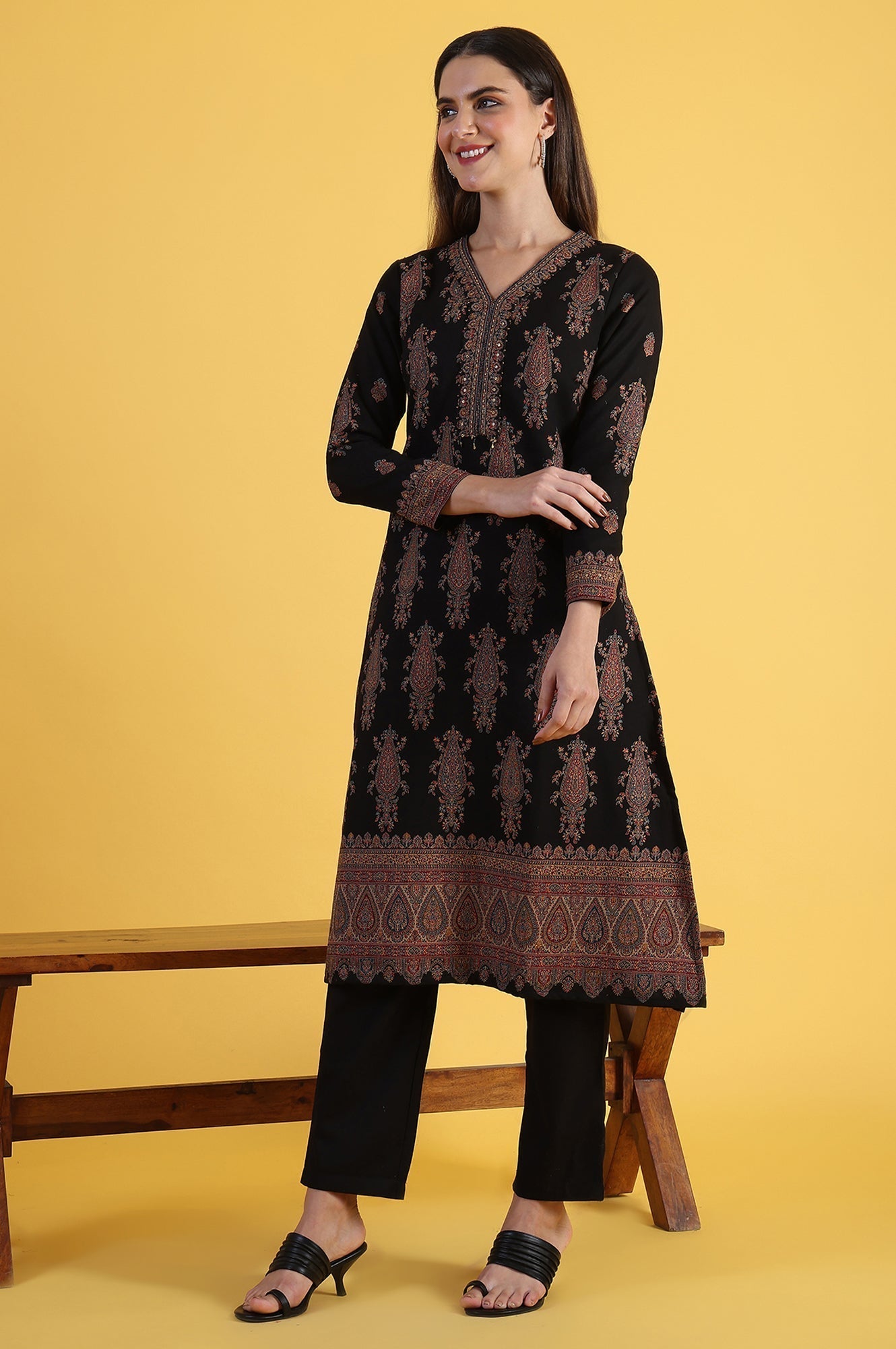 W for Woman Black Yarn Dyed Sequins Straight Kurta & Straight pant with Dupatta Set