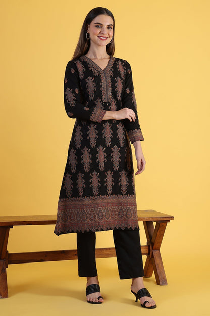 W for Woman Black Yarn Dyed Sequins Straight Kurta & Straight pant with Dupatta Set