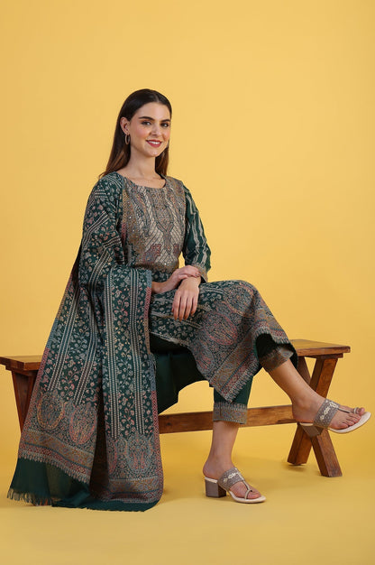 W for Woman Green Yarn Dyed Sequins Straight Kurta & Straight pant with Dupatta Set