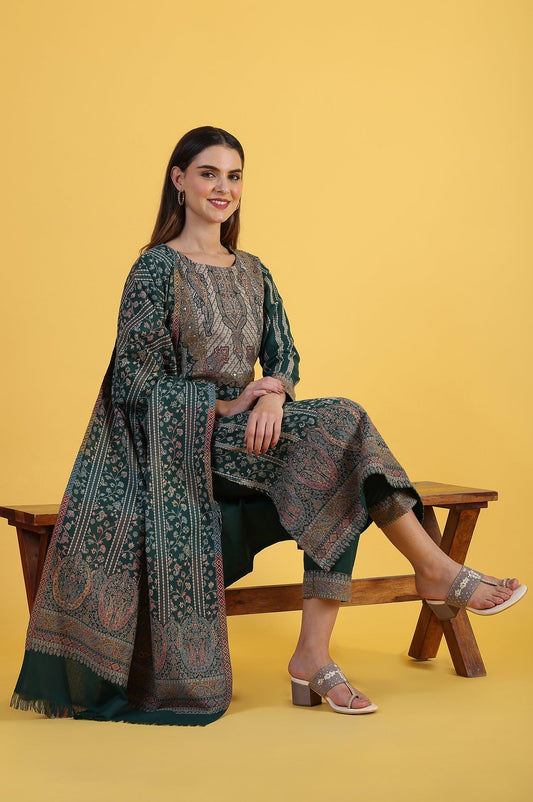 W for Woman Green Yarn Dyed Sequins Straight Kurta & Straight pant with Dupatta Set