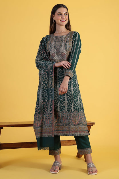 W for Woman Green Yarn Dyed Sequins Straight Kurta & Straight pant with Dupatta Set
