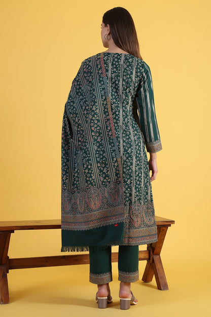 W for Woman Green Yarn Dyed Sequins Straight Kurta & Straight pant with Dupatta Set