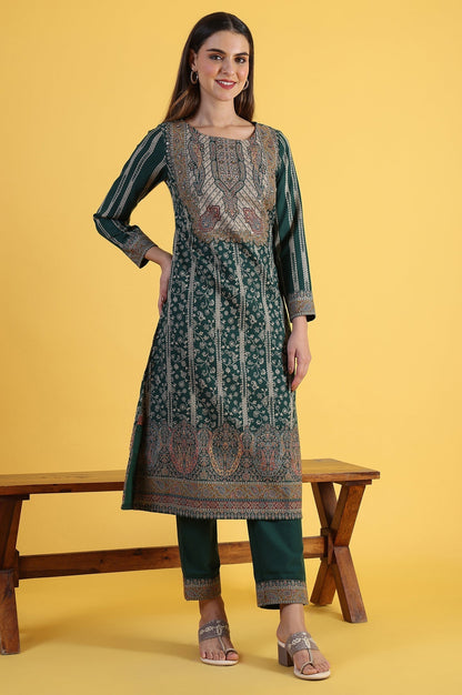 W for Woman Green Yarn Dyed Sequins Straight Kurta & Straight pant with Dupatta Set