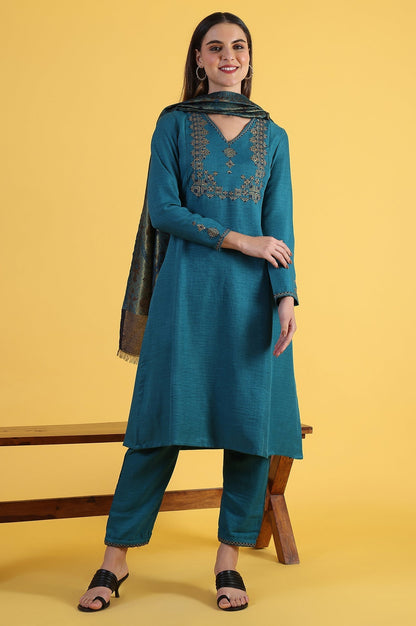 W for Woman Blue Solid Zari Straight Kurta & Straight pant with Shawl Set