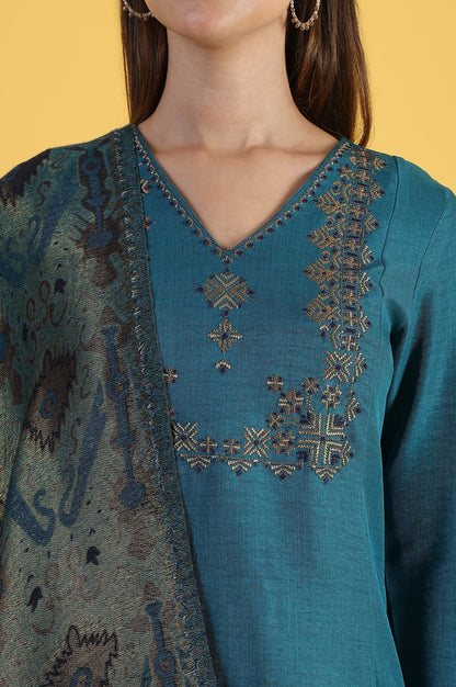 W for Woman Blue Solid Zari Straight Kurta & Straight pant with Shawl Set