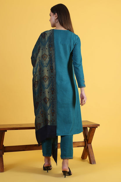 W for Woman Blue Solid Zari Straight Kurta & Straight pant with Shawl Set