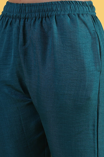 W for Woman Blue Solid Zari Straight Kurta & Straight pant with Shawl Set