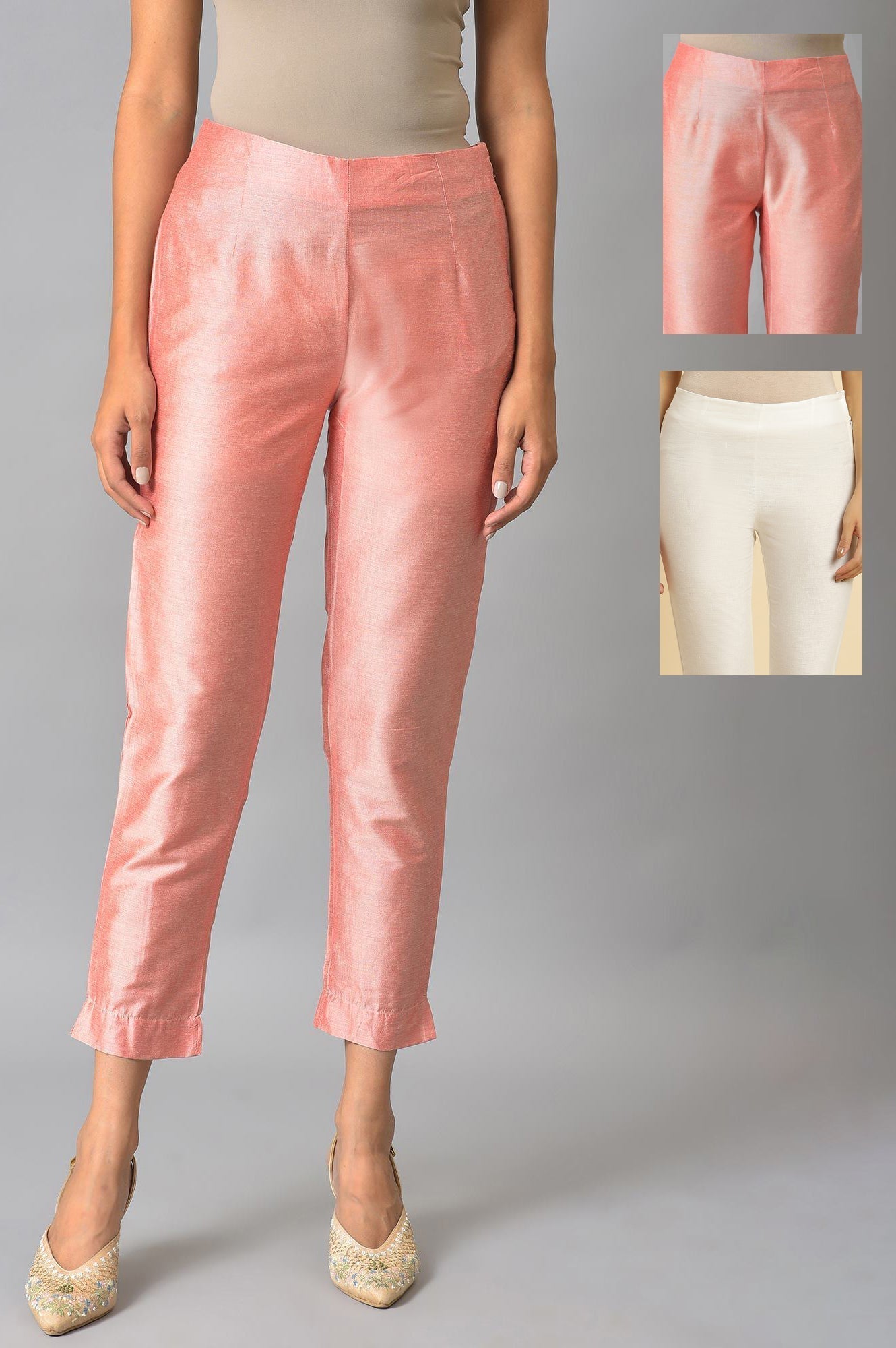 W for Woman Peach And Embroidered White Slim Pants Combo