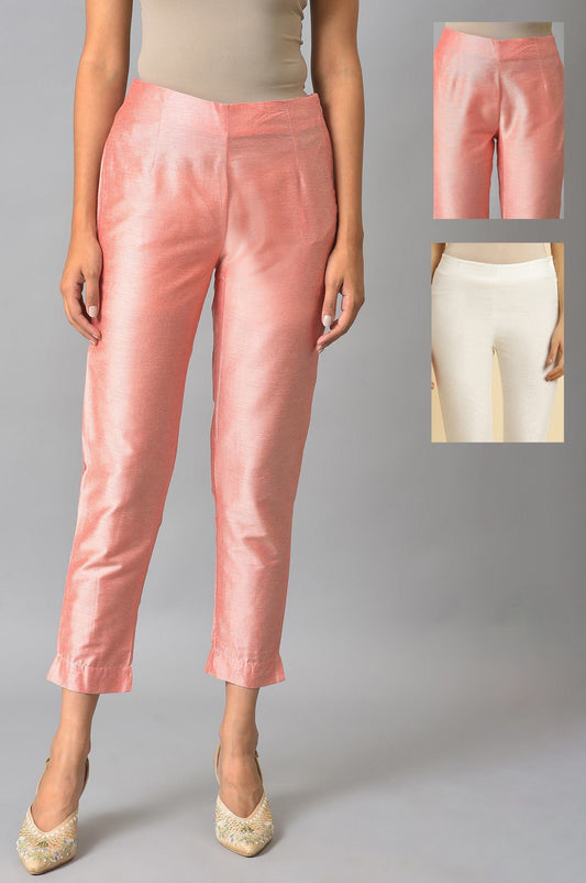 W for Woman Peach And Embroidered White Slim Pants Combo
