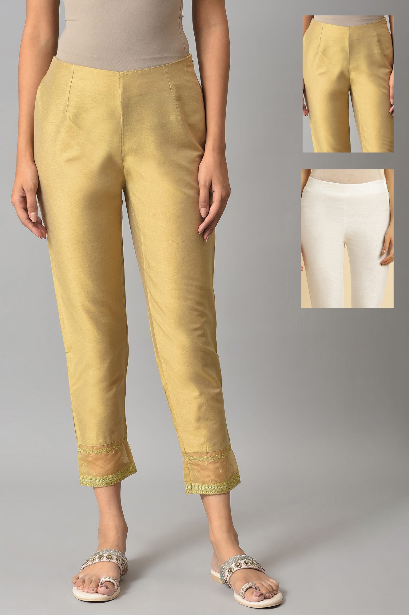 W for Woman Embroidered Golden And White Slim Pants Combo