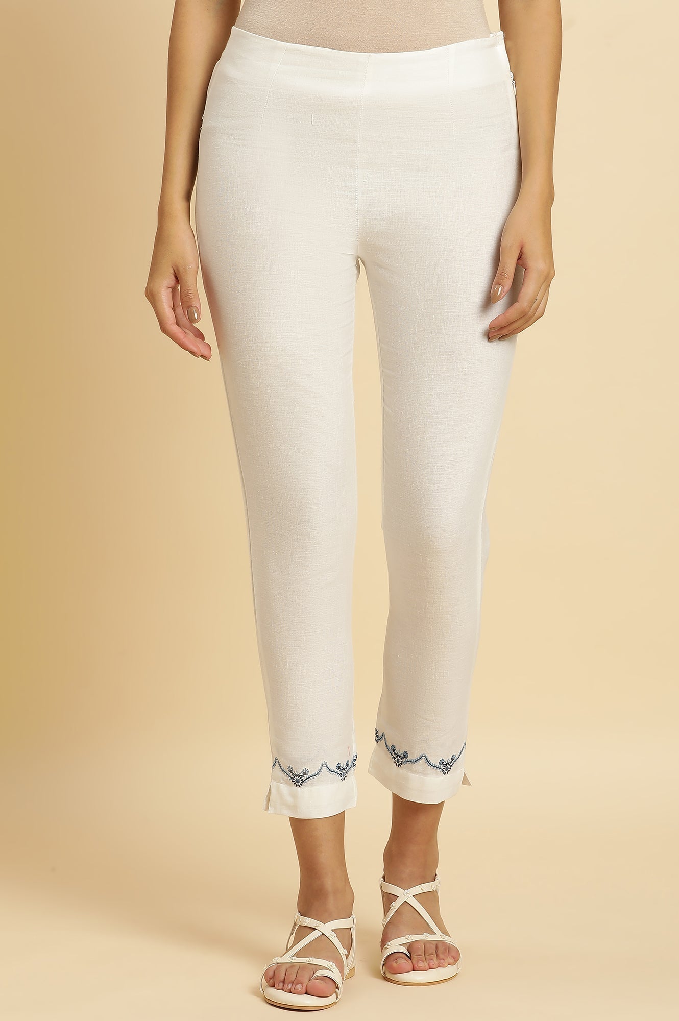 W for Woman Embroidered Golden And White Slim Pants Combo