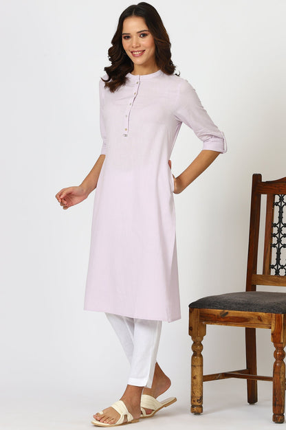 W for Woman Lilac Mandarin Collar Cotton Blend Straight Kurta With W Branding