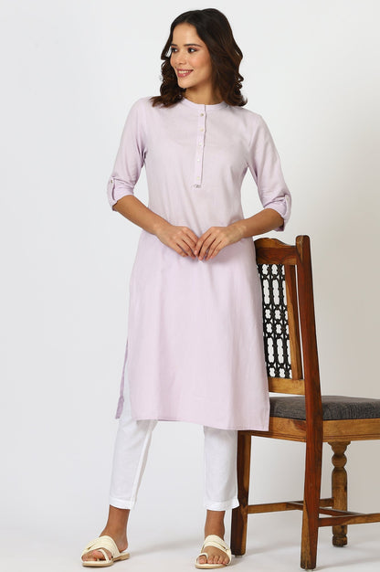 W for Woman Lilac Mandarin Collar Cotton Blend Straight Kurta With W Branding