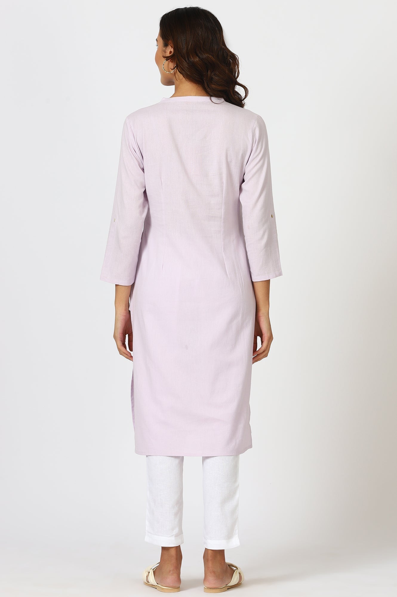 W for Woman Lilac Mandarin Collar Cotton Blend Straight Kurta With W Branding