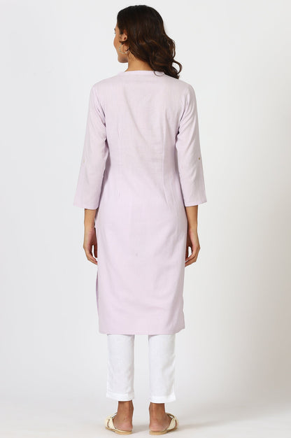 W for Woman Lilac Mandarin Collar Cotton Blend Straight Kurta With W Branding