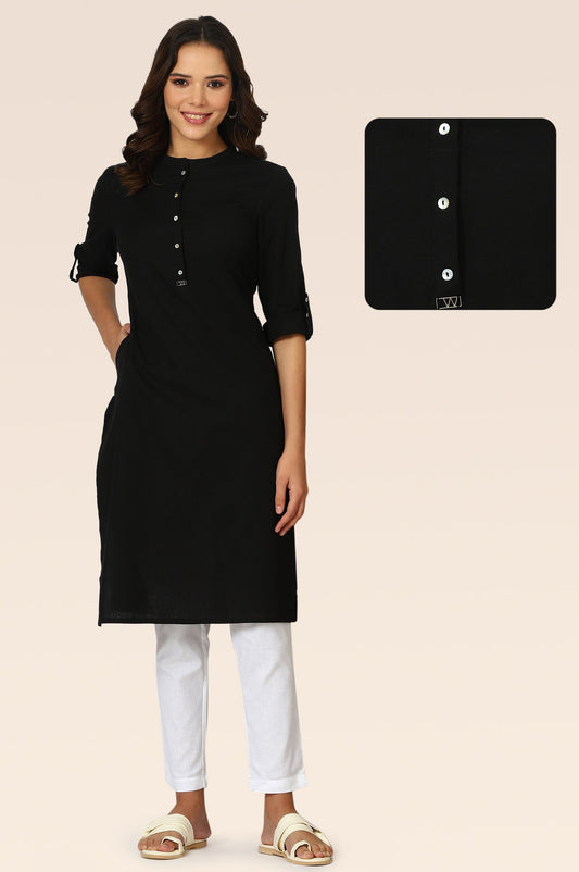 W for Woman Black Mandarin Collar Cotton Blend Straight Kurta