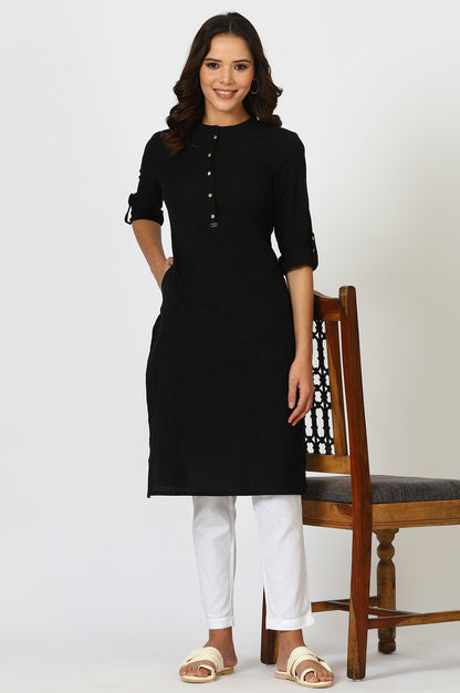W for Woman Black Mandarin Collar Cotton Blend Straight Kurta