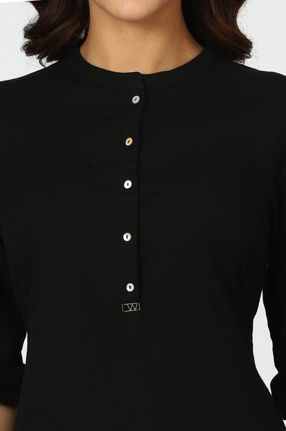 W for Woman Black Mandarin Collar Cotton Blend Straight Kurta