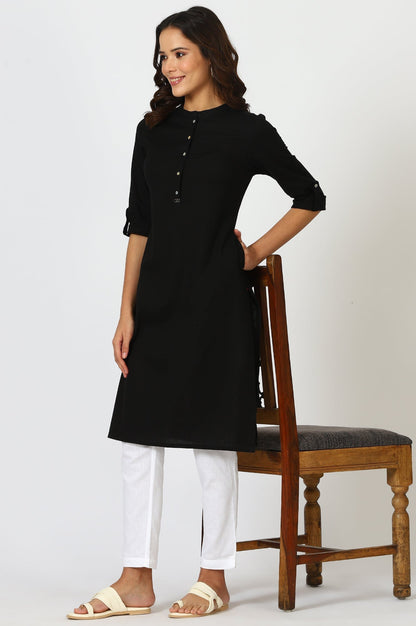 W for Woman Black Mandarin Collar Cotton Blend Straight Kurta