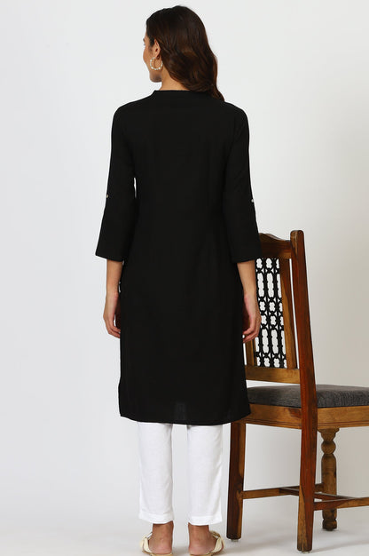 W for Woman Black Mandarin Collar Cotton Blend Straight Kurta