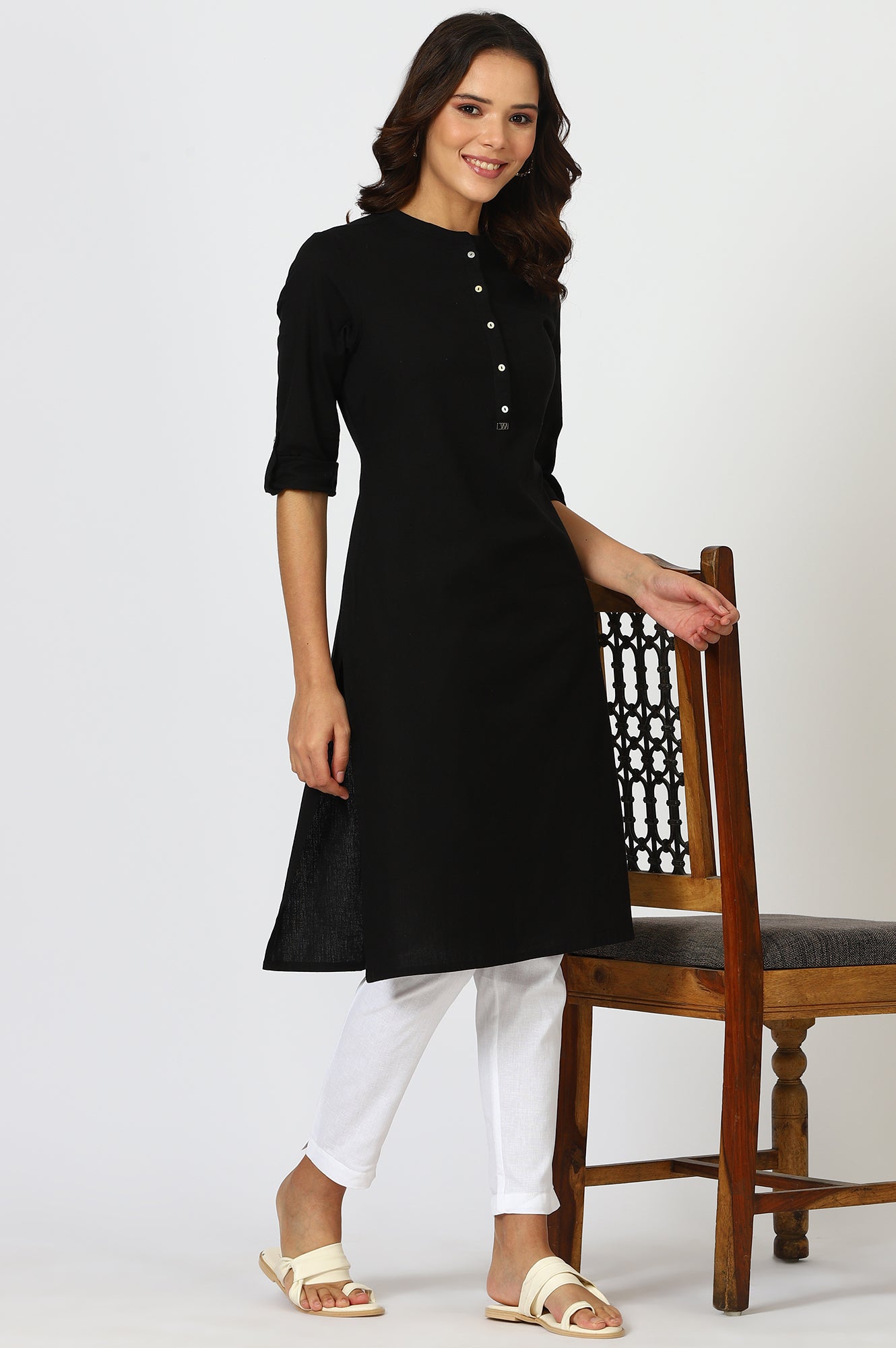 W for Woman Black Mandarin Collar Cotton Blend Straight Kurta