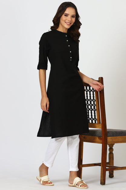 W for Woman Black Mandarin Collar Cotton Blend Straight Kurta