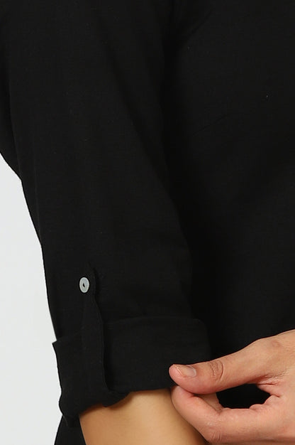 W for Woman Black Mandarin Collar Cotton Blend Straight Kurta