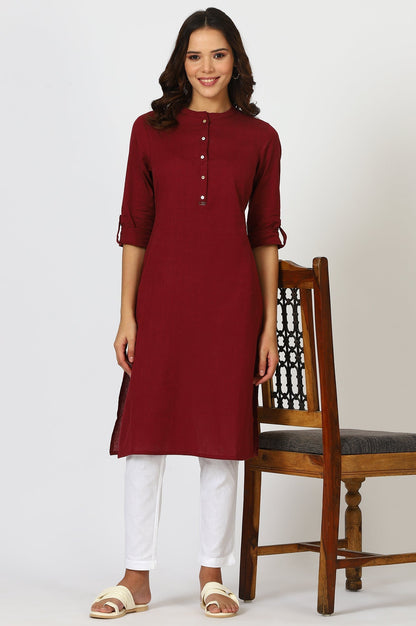 W for Woman Maroon Mandarin Collar Cotton Blend Straight Kurta With W Branding