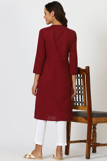 W for Woman Maroon Mandarin Collar Cotton Blend Straight Kurta With W Branding