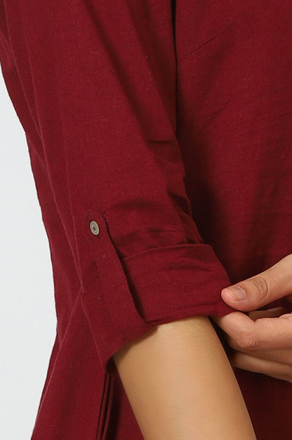 W for Woman Maroon Mandarin Collar Cotton Blend Straight Kurta With W Branding