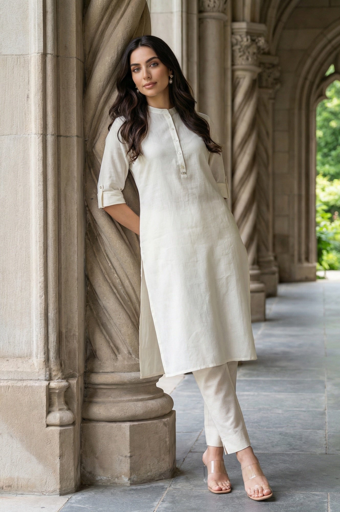 W for Woman White Mandarin Collar Cotton Blend Straight Kurta With W Branding