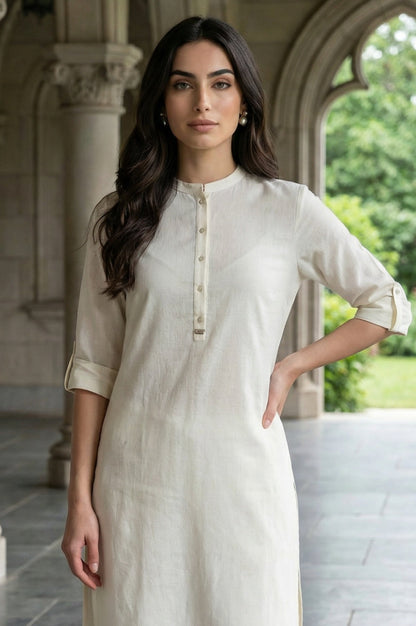 W for Woman White Mandarin Collar Cotton Blend Straight Kurta With W Branding