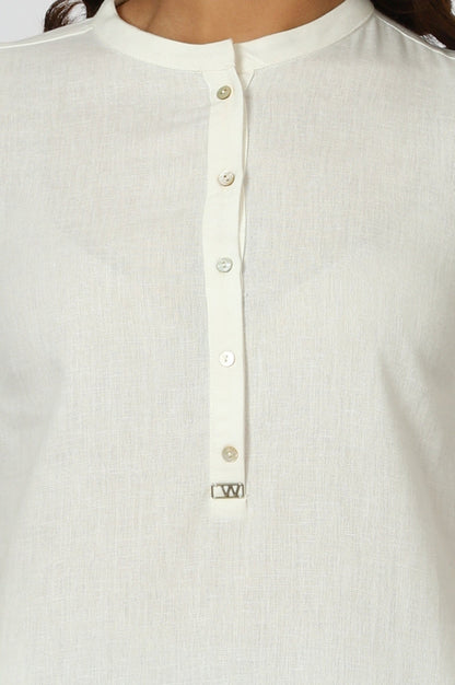 W for Woman White Mandarin Collar Cotton Blend Straight Kurta With W Branding