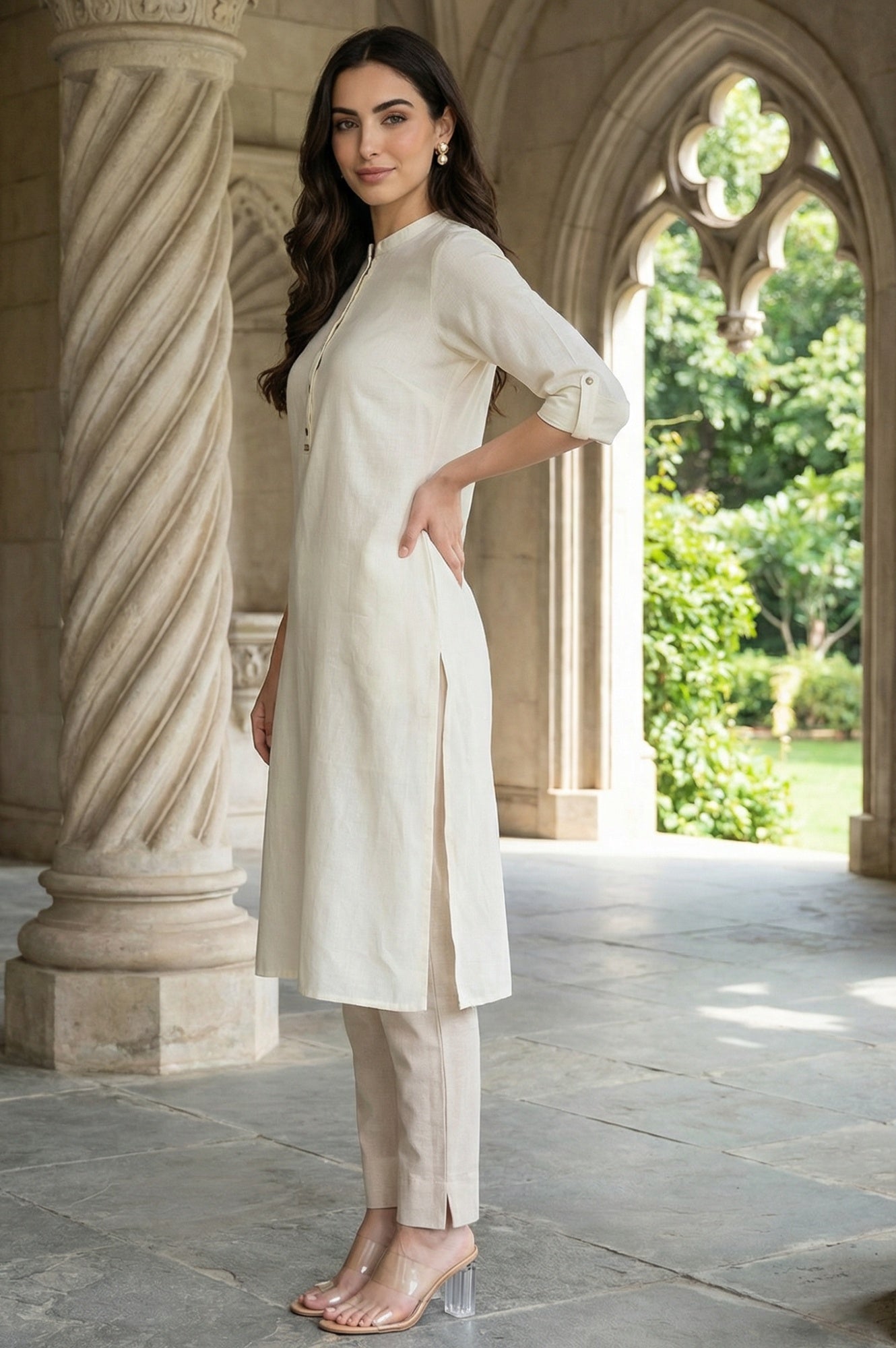 W for Woman White Mandarin Collar Cotton Blend Straight Kurta With W Branding